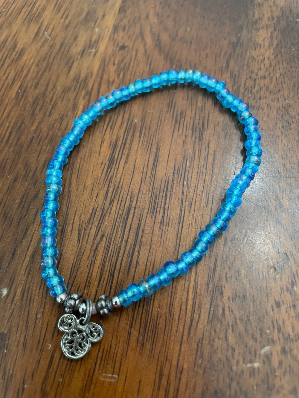 Blue Glass Bead Necklace with Silver Mickey Charm